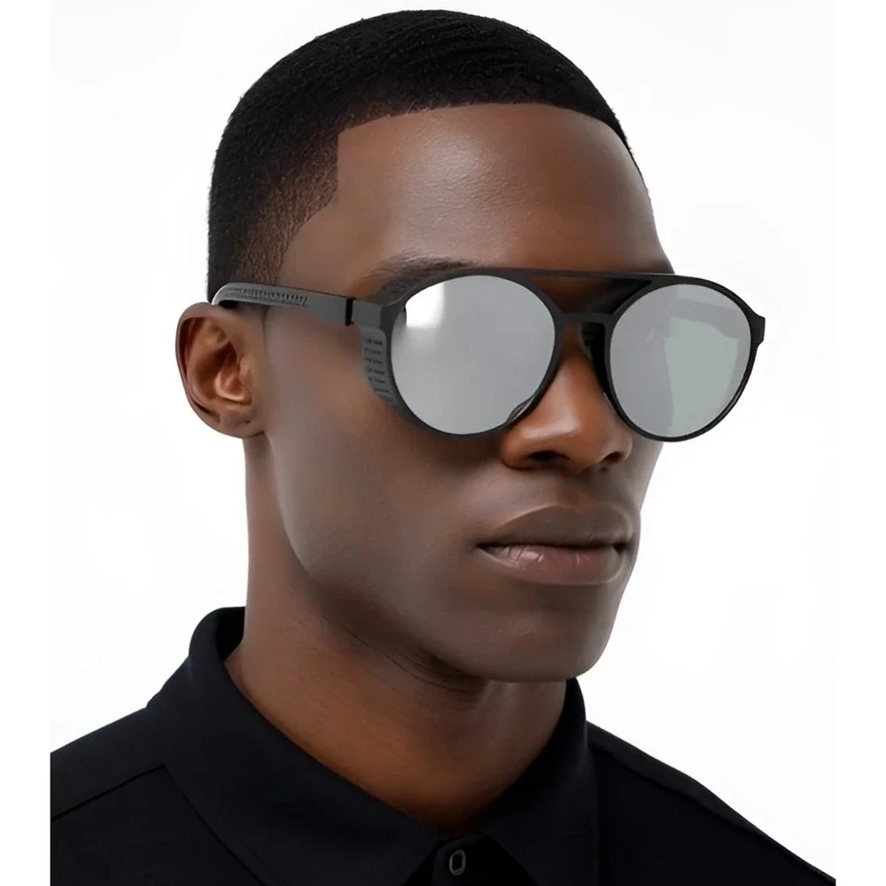 Mens Steampunk Outfit Sunglasses Matte Black Silver Mirror Lens Side Shields New